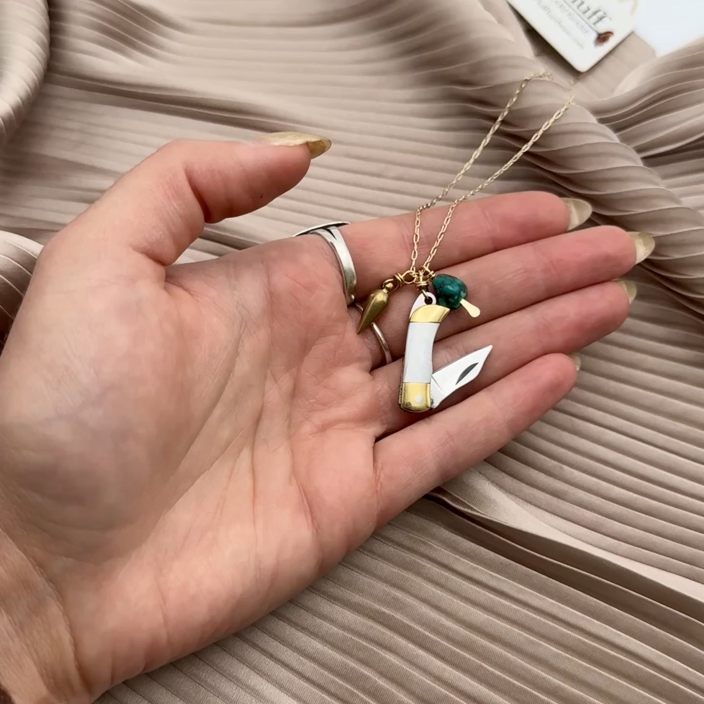 Miniature Pocketknife with mother of pearl inlay and a turquoise stone and mini bullet hanging from sterling silver or gold chain