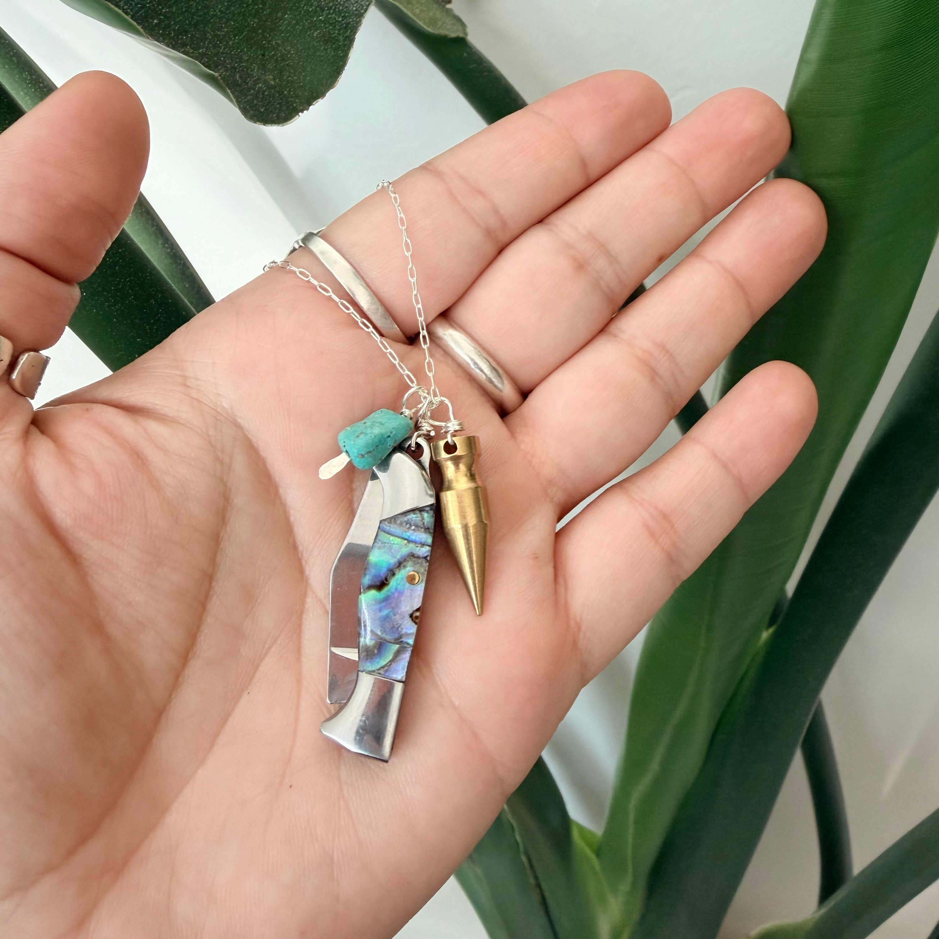Billie Pocketknife with Abalone Inlay with brass bullet and a turquoise bead hanging on gold filled or sterling silver chain