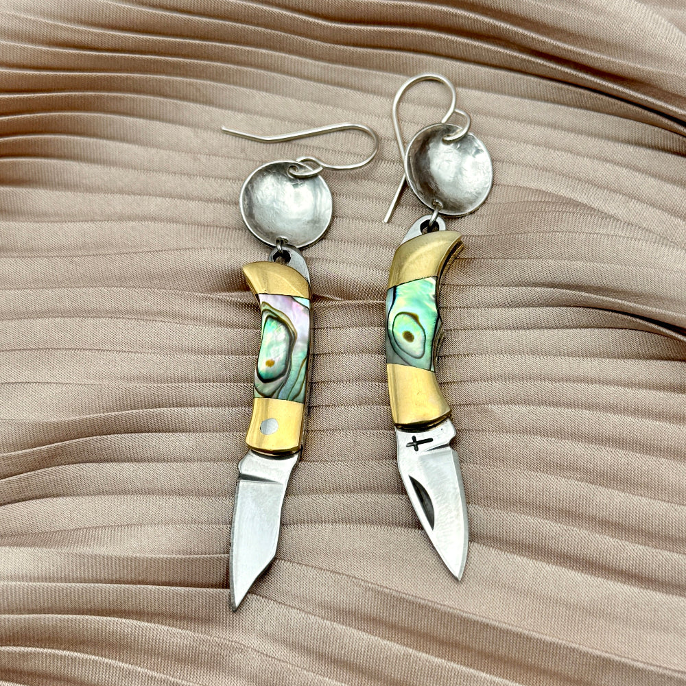 Billie Abalone inlay on miniature pocket knife earrings with or without circle hanging on ear wire