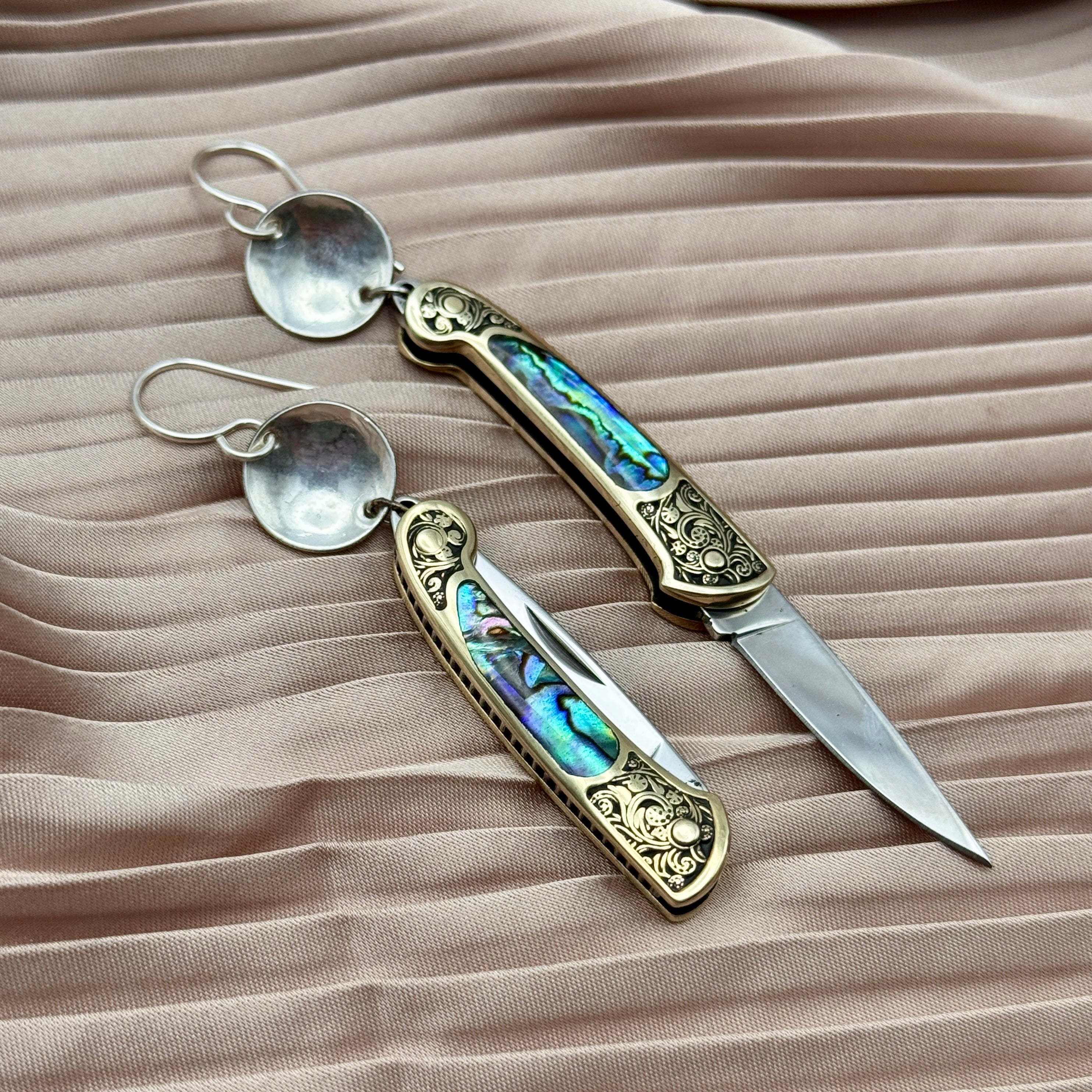 Abalone inlay and vintage inspired etched gold handle on a working pocketknife hanging from an ear wire