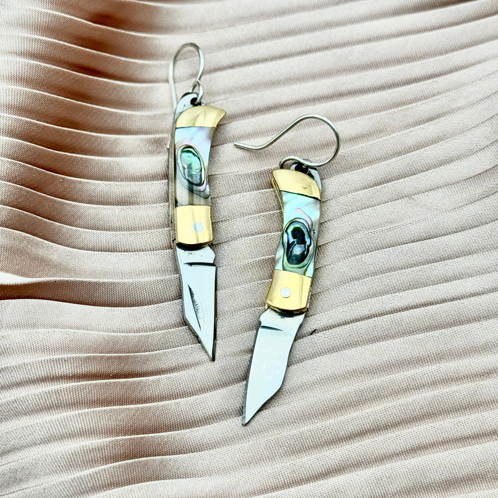 Billie Abalone inlay on miniature pocket knife earrings with or without circle hanging on ear wire