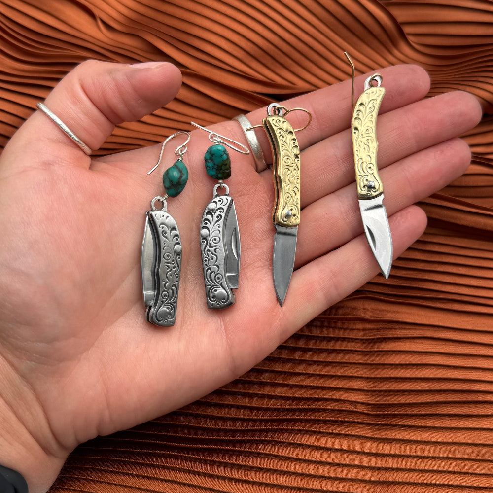 Silver or Gold Mini etched vintage inspired Pocketknife hanging from ear wire with turquoise bead or simple design