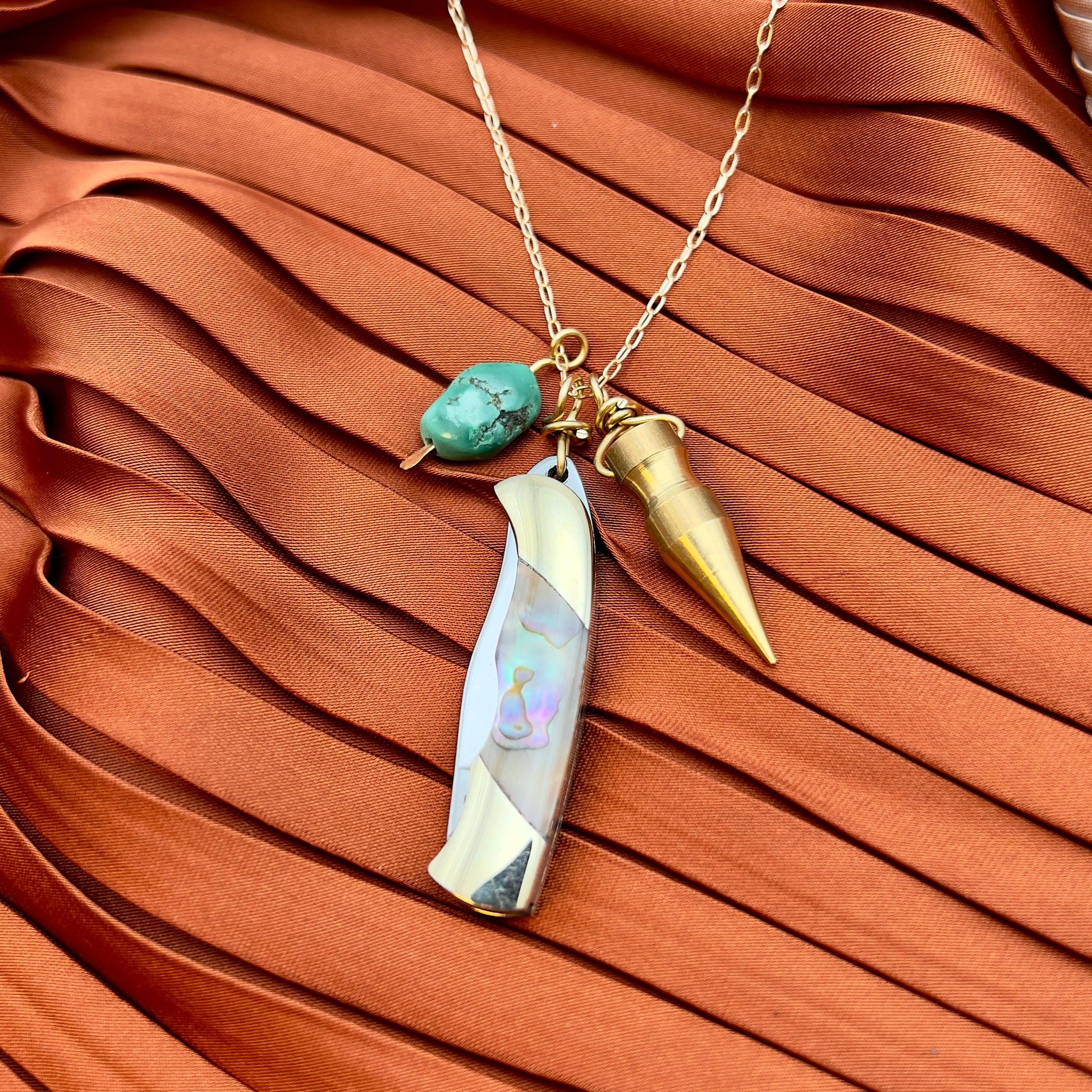 Billie Pocketknife with Abalone Inlay with brass bullet and a turquoise bead hanging on gold filled or sterling silver chain