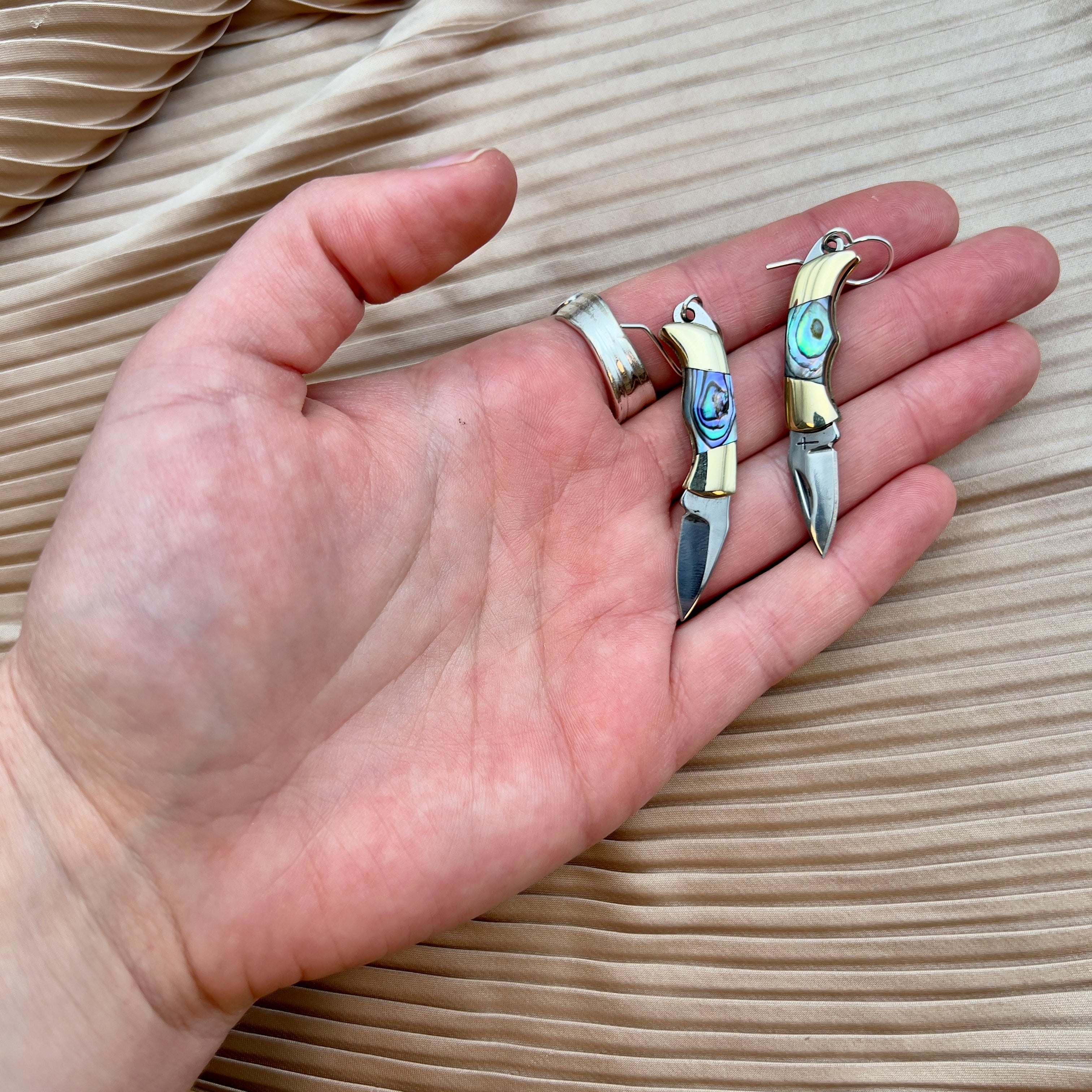 Billie Abalone inlay on miniature pocket knife earrings with or without circle hanging on ear wire