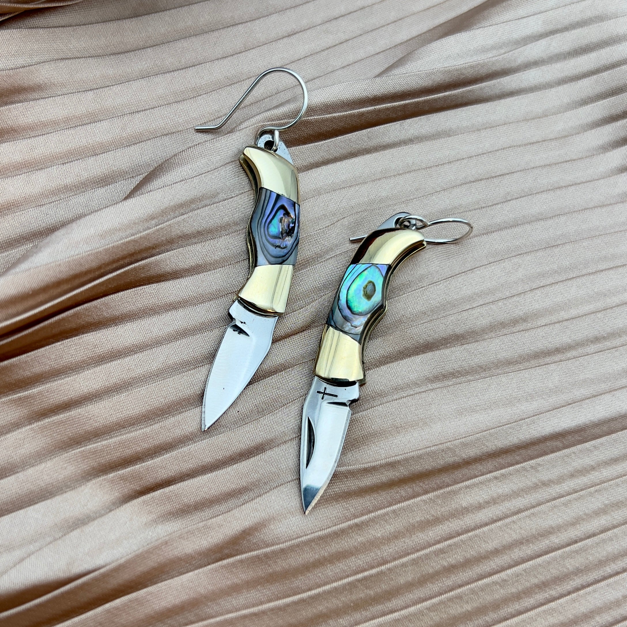 Billie Abalone inlay on miniature pocket knife earrings with or without circle hanging on ear wire
