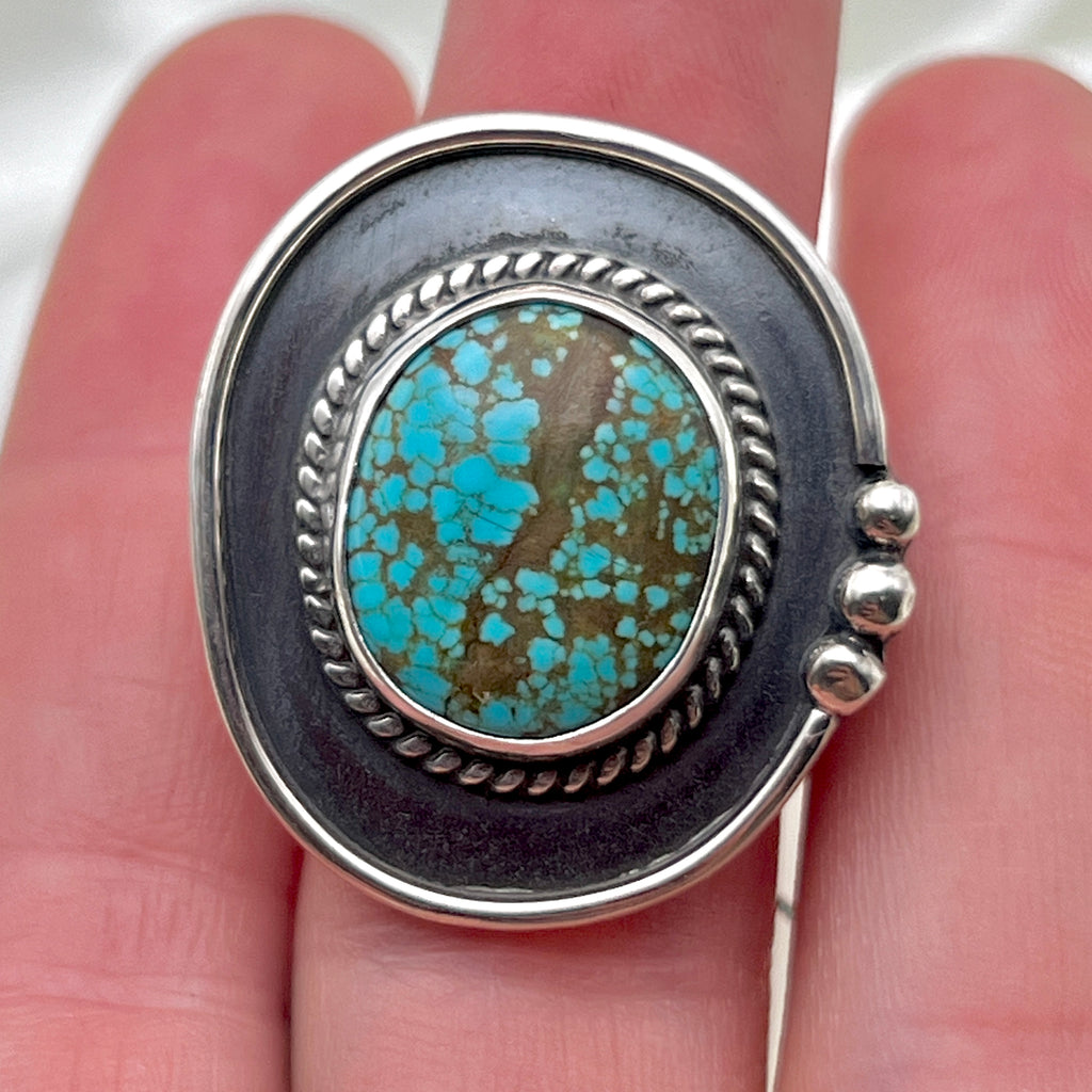 Cactus Blossom with Shadow American Turquoise Ring: Size 6.5