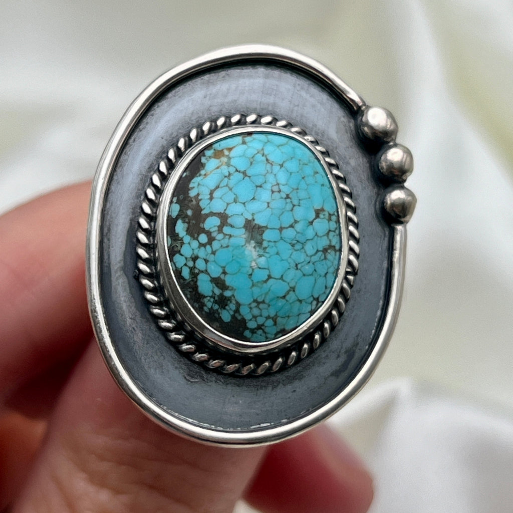 Cactus Blossom with Shadow American Turquoise Ring: Size 8