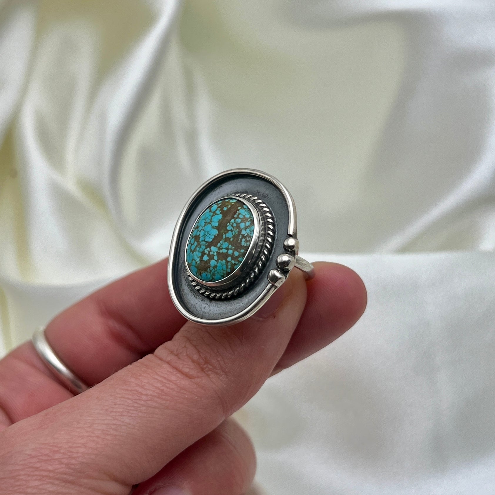 Cactus Blossom with Shadow American Turquoise Ring: Size 6.5