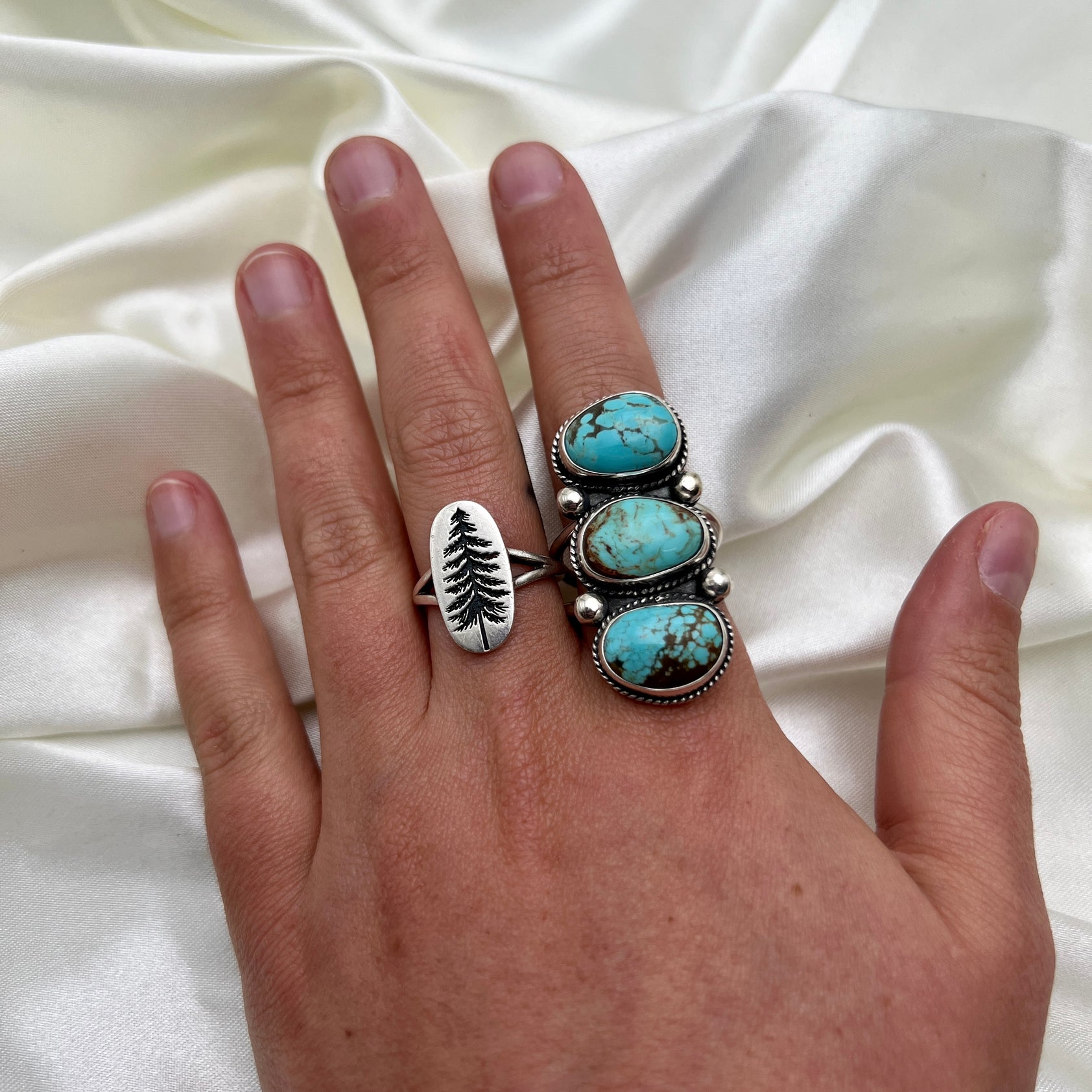 American Turquoise Ring with Three-Stone Pillar: Size 9