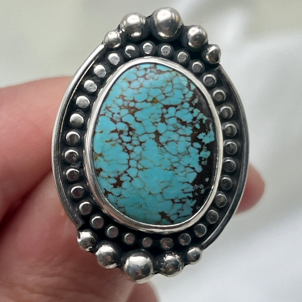 American Turquoise Ring with Polar Beading: Size 6.5
