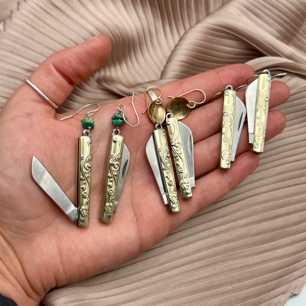 Etched Gold Handle Working PocketKnife hanging from ear wire with turquoise stone, circle or simple