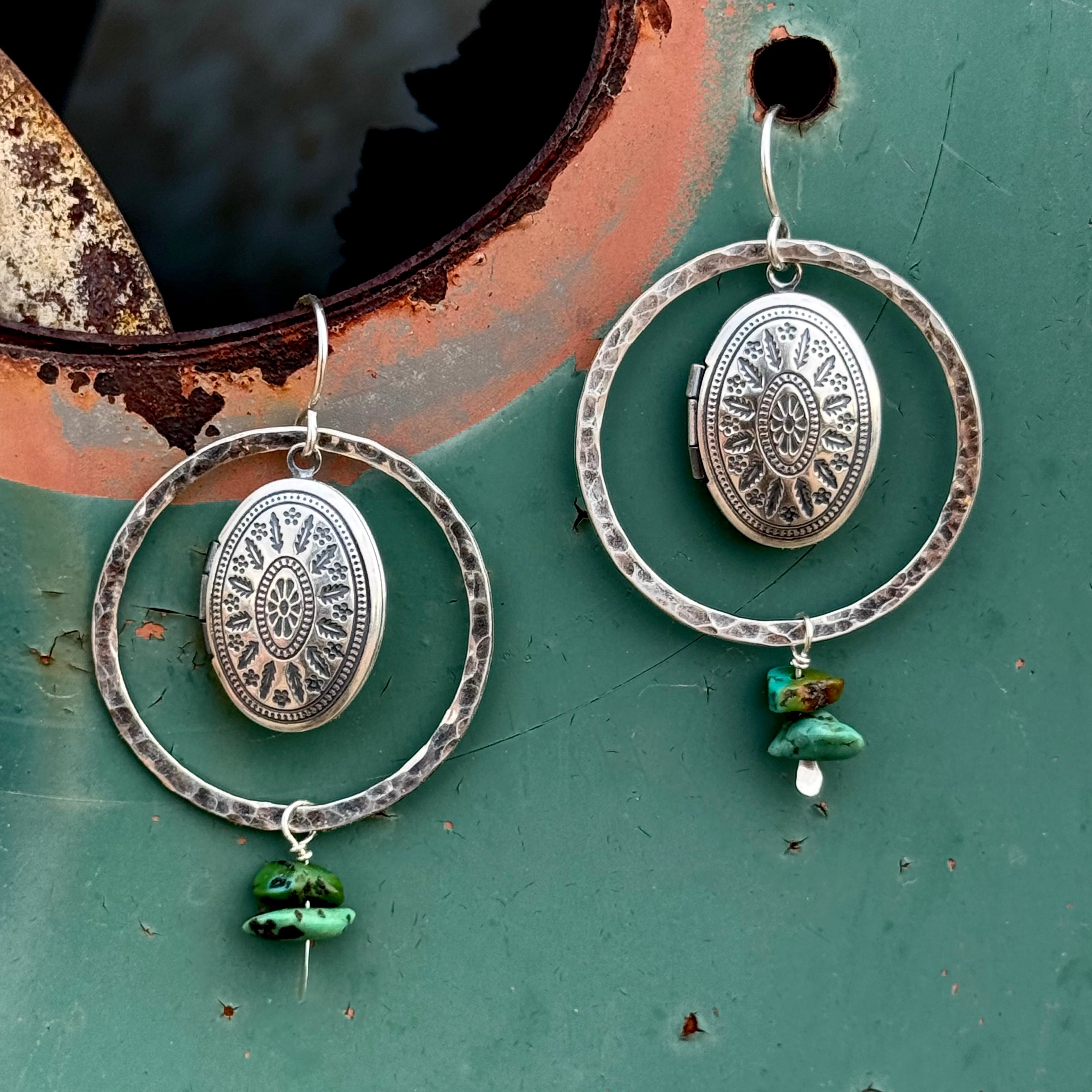 Gold or Silver Hoop with turquoise beads and etched working locket photo holder memory keepsake hanging from ear wire
