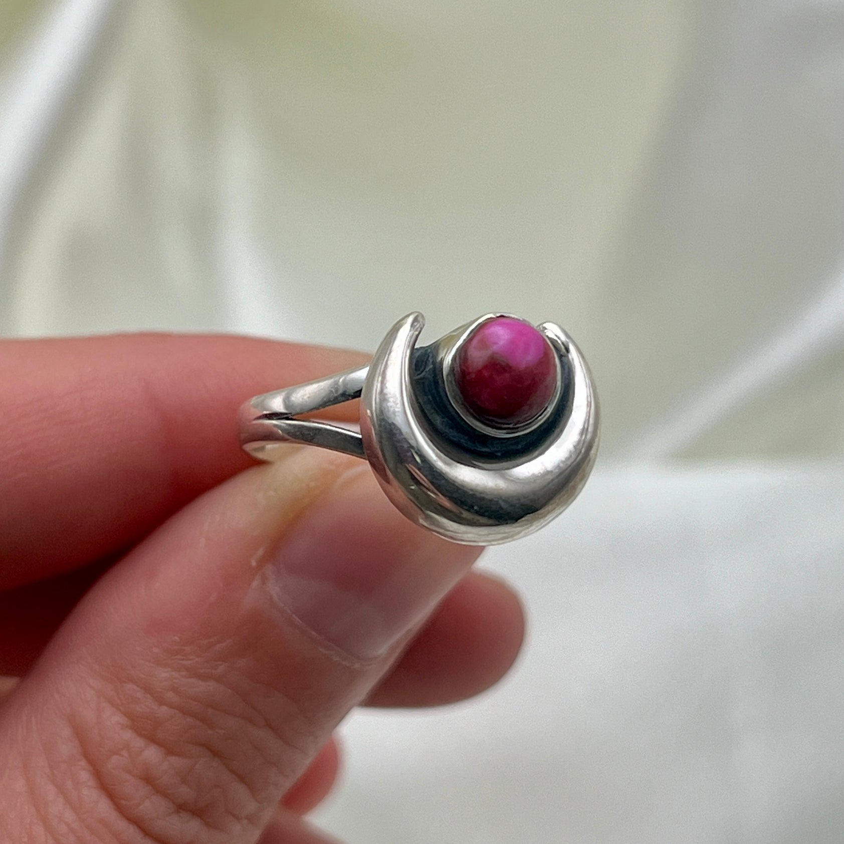 Crescent Moon Pink Dahlia Turquoise Ring: Size 9