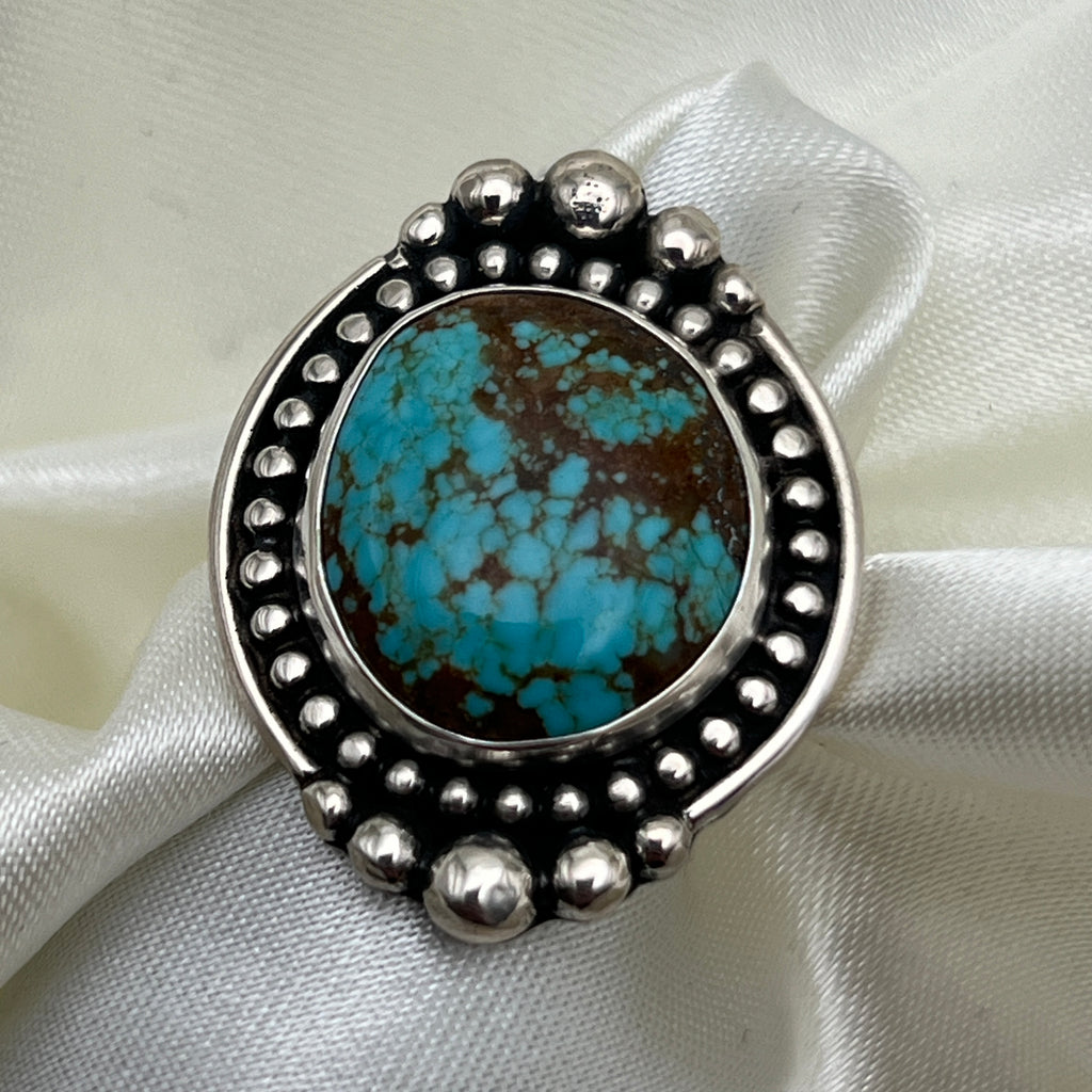 American Turquoise Ring with Polar Beading: Size 8