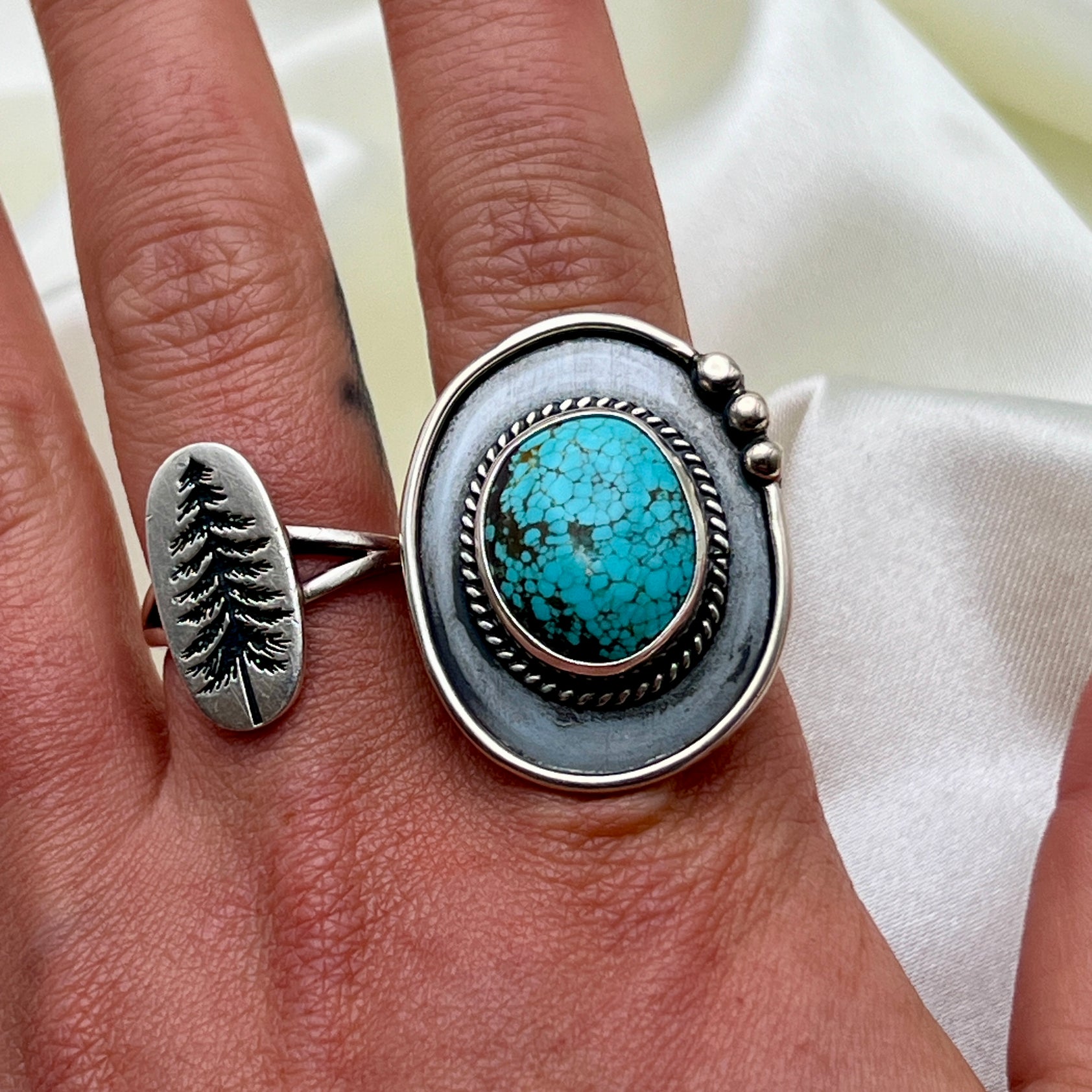 Cactus Blossom with Shadow American Turquoise Ring: Size 8