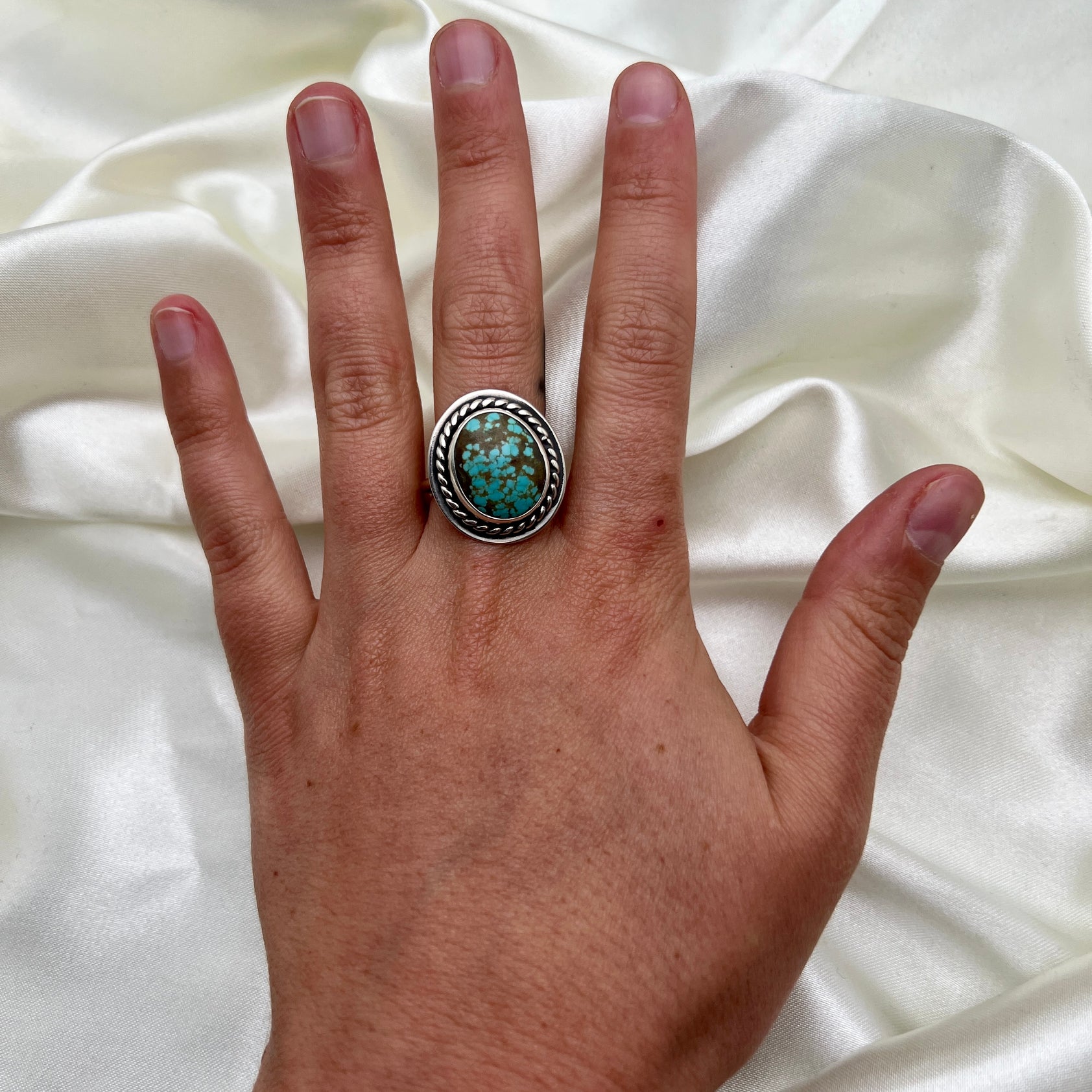 Rope with Border American Turquoise Ring: Size 7.5