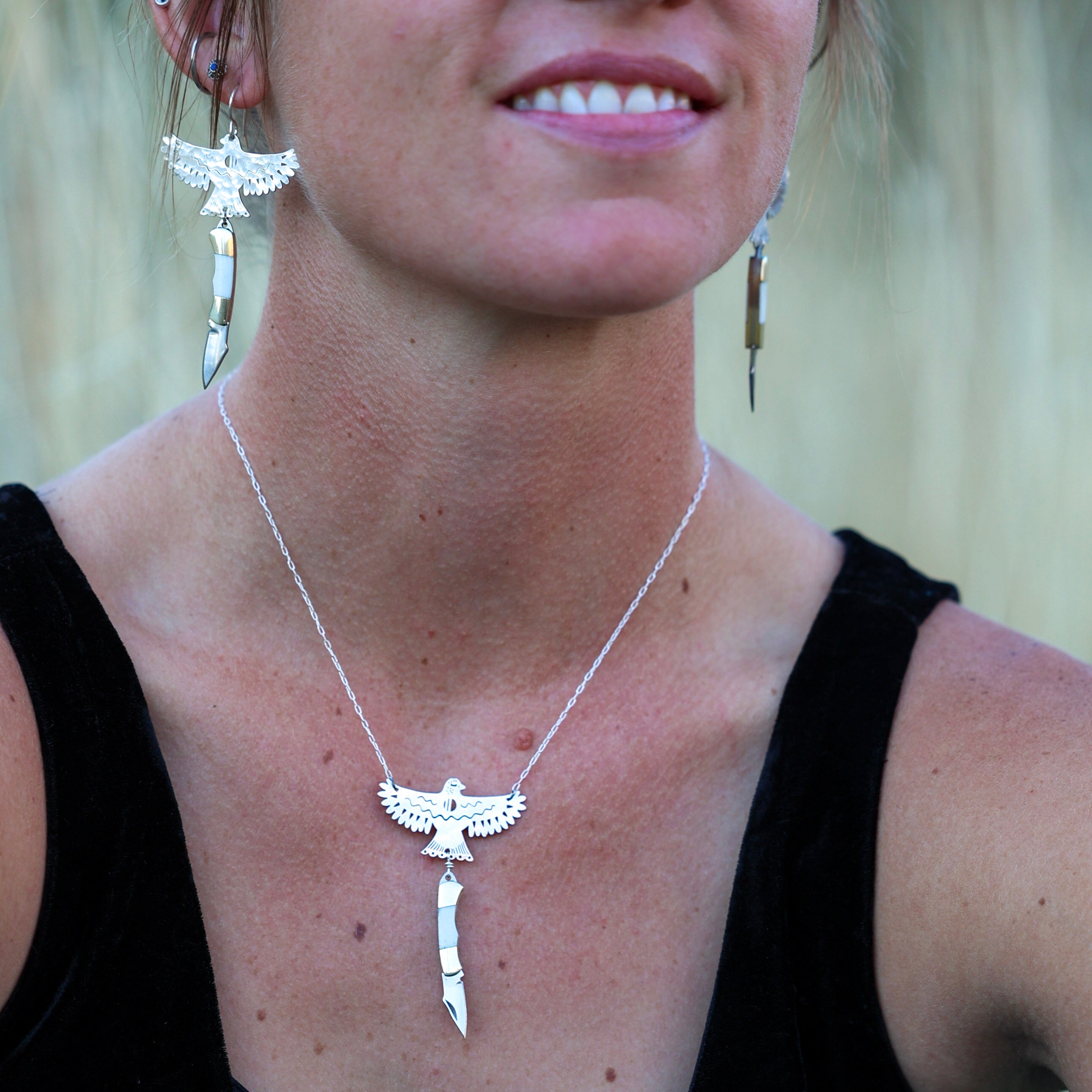 Free bird eagle open pocketknife necklace and pocket knife earrings