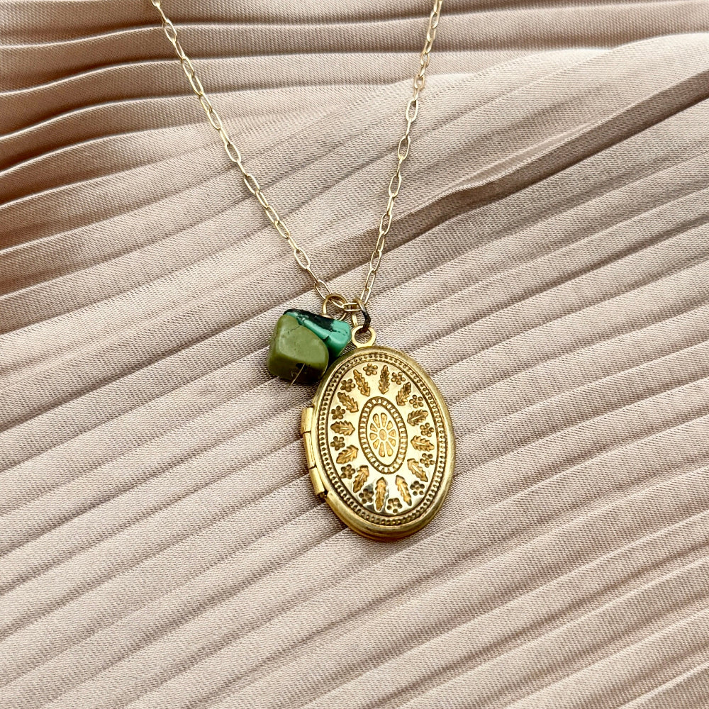 Small or Large gold or silver vintage and antique inspired working locket pendant with turquoise beads on necklace chain