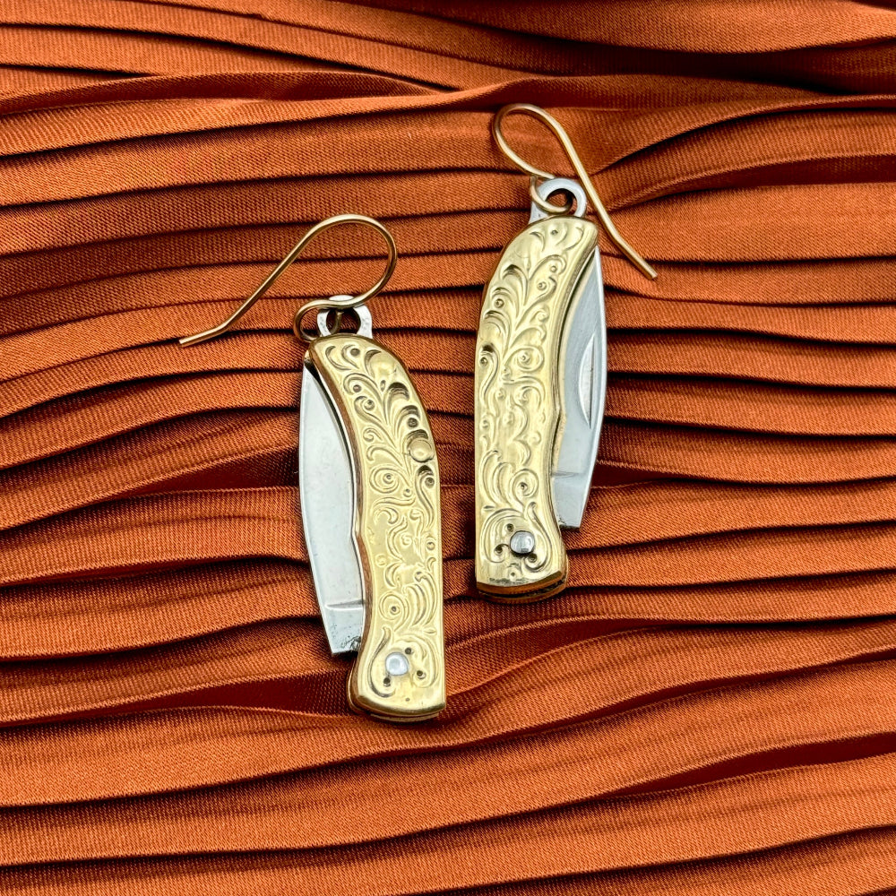 Silver or Gold Mini etched vintage inspired Pocketknife hanging from ear wire 