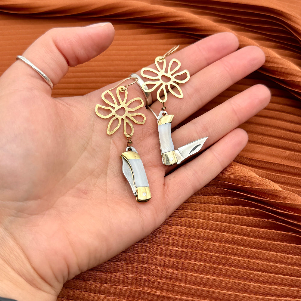 Gold or silver flower pendant ziggy wild bloom with mini mother of pearl inlay pocket knife hanging from ear wire