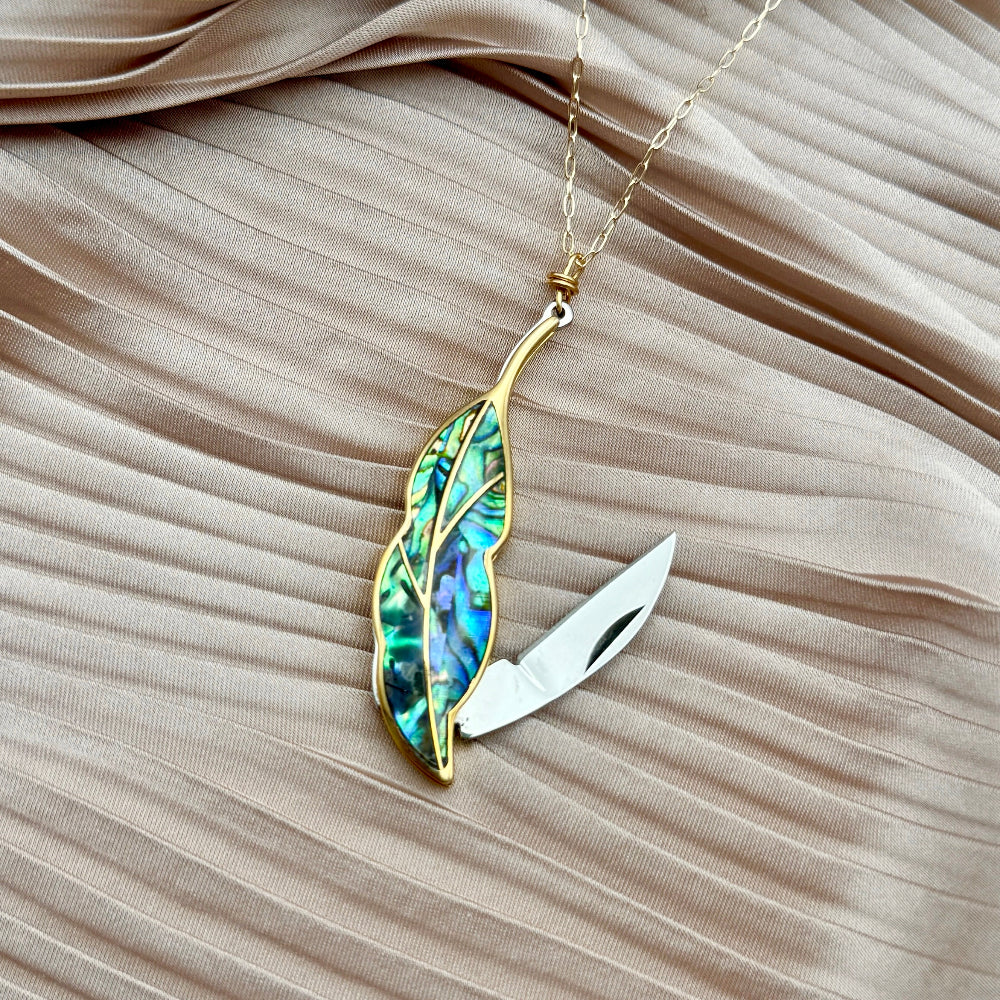 Nature and vintage inspired Leaf or feather shaped pocketknife pendants on necklace chain with knives open