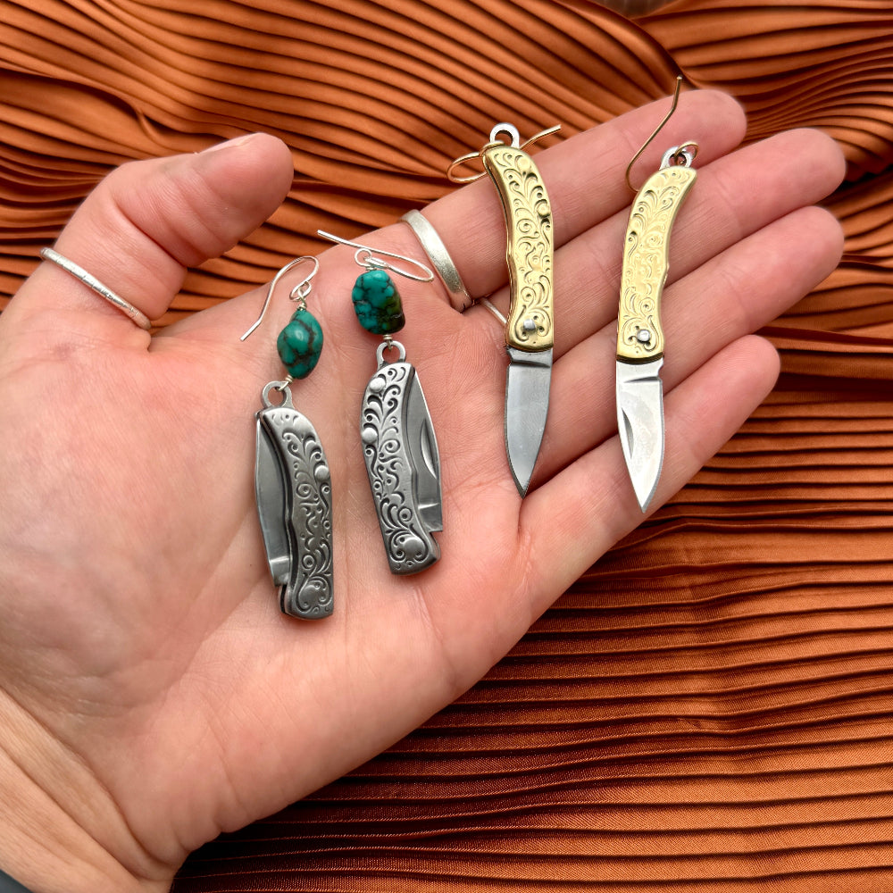 Silver or Gold Mini etched vintage inspired Pocketknife hanging from ear wire with turquoise bead
