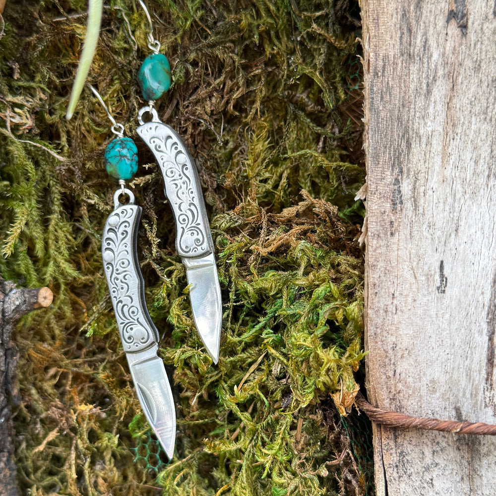 Silver or Gold Mini etched vintage inspired Pocketknife hanging from ear wire with turquoise bead