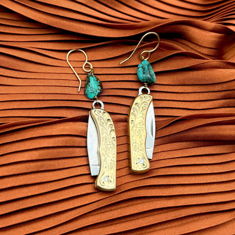 Silver or Gold Mini etched vintage inspired Pocketknife hanging from ear wire with turquoise bead with turquoise bead