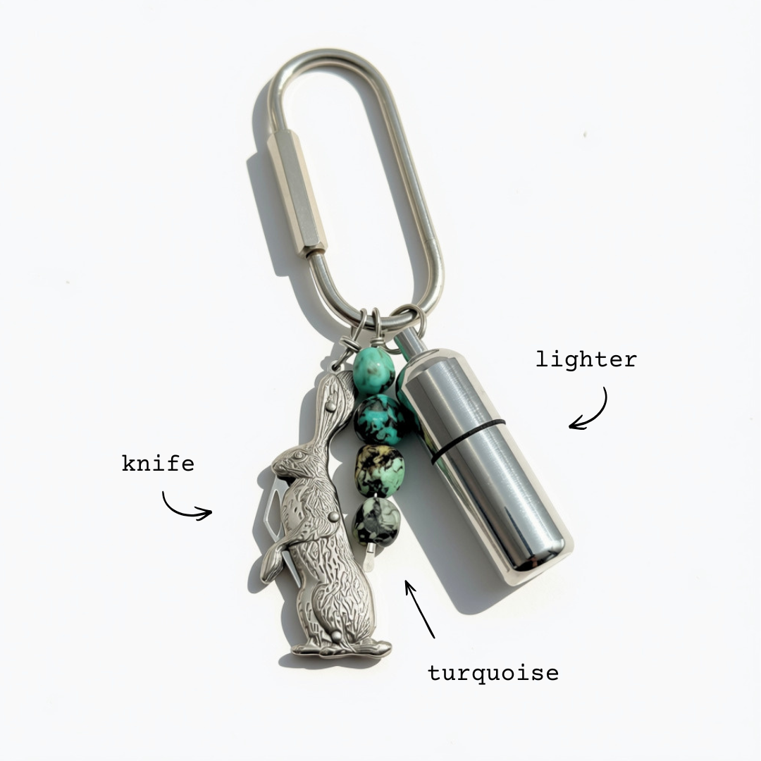 A silver carabiner keychain with a rabbit charm, three turquoise beads, and a cylindrical lighter charm, shown on a white background with text labels pointing to each component.