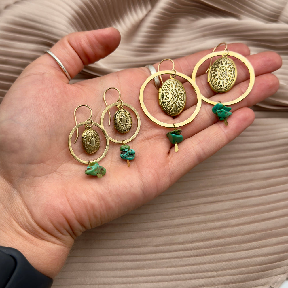 Gold or Silver Hoop with turquoise beads and etched working locket photo holder memory keepsake hanging from ear wire
