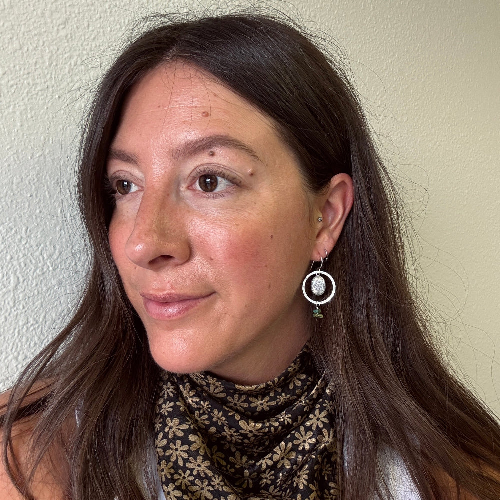 Gold or Silver Hoop with turquoise beads and etched working locket photo holder memory keepsake hanging from ear wire