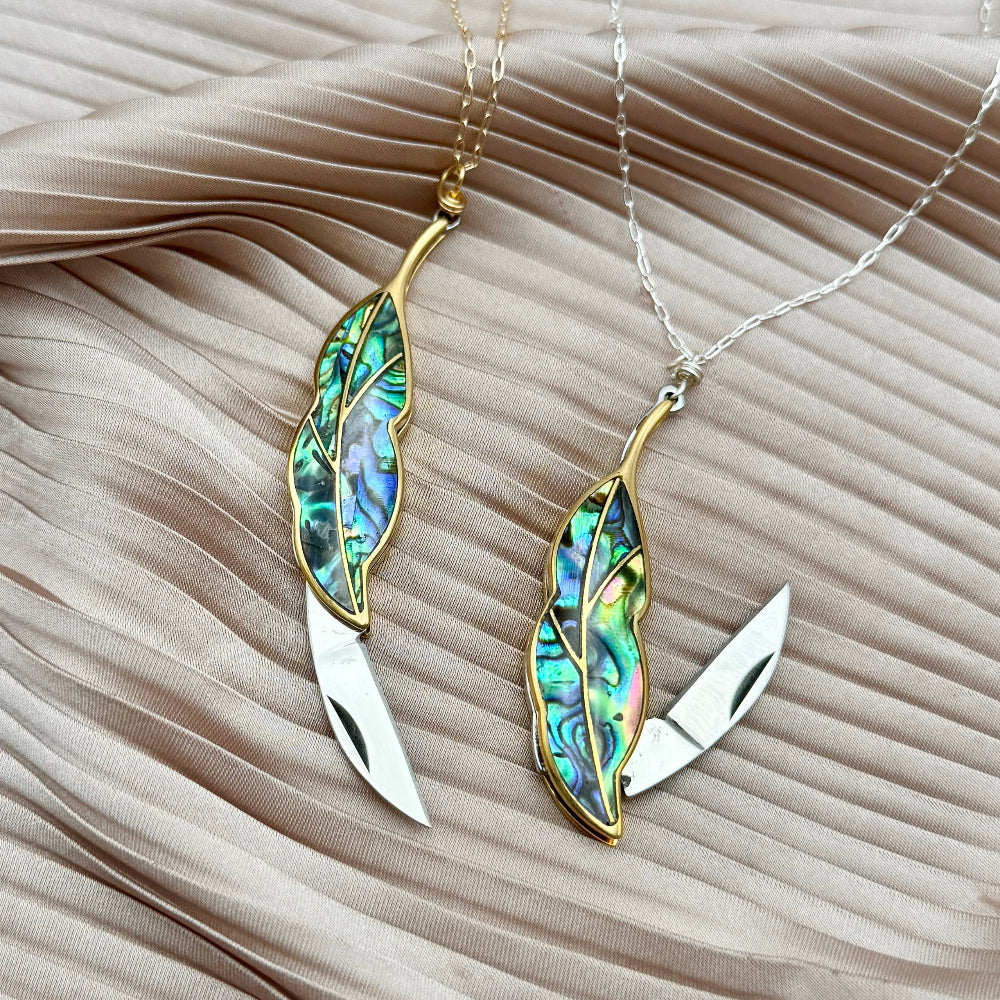 Nature and vintage inspired Leaf or feather shaped pocketknife pendants on necklace chain with knives open