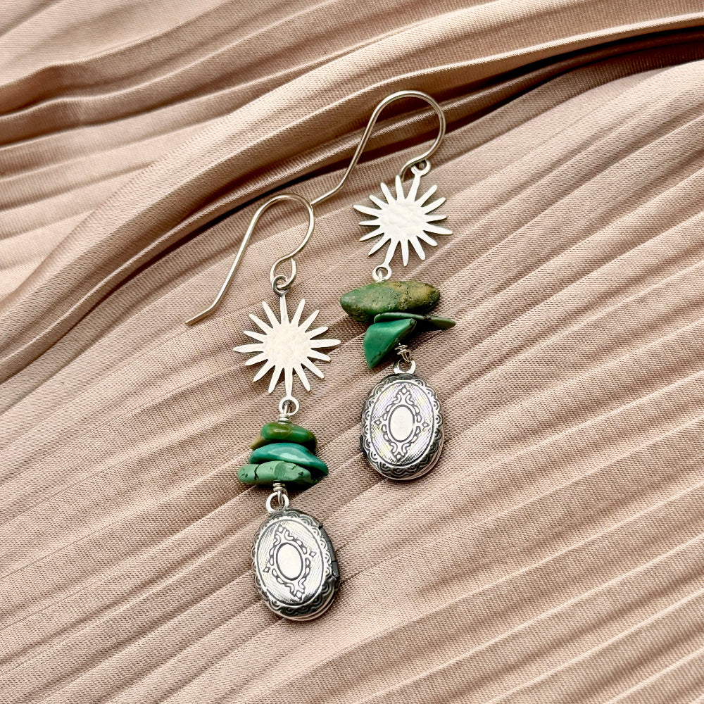 Starburst pendant over three turquoise bead chips over a mini vintage inspired etched working locket on an ear wire