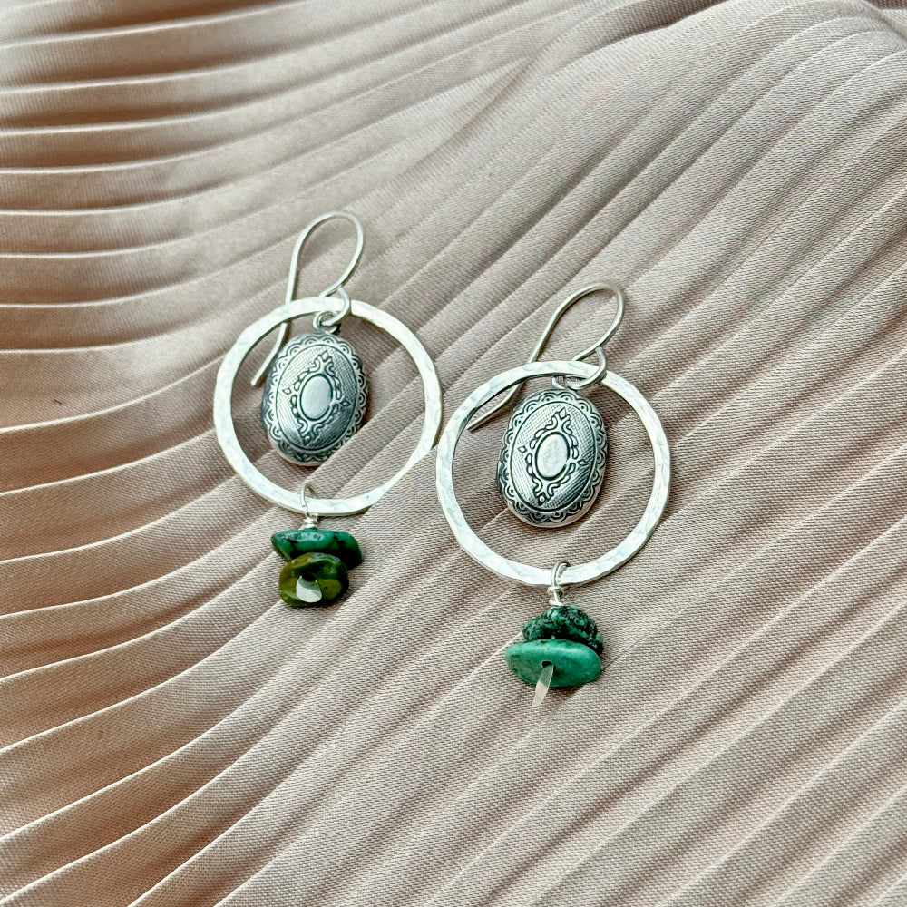 Gold or Silver Hoop with turquoise beads and etched working locket photo holder memory keepsake hanging from ear wire