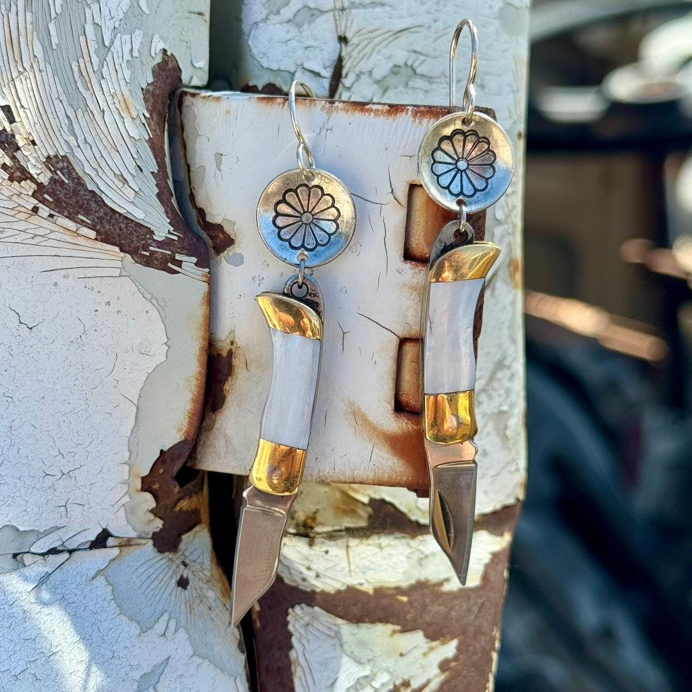 Mini pocket knife with mother of pearl inlay hanging from stamped fish flower mountain or tree circle pendant