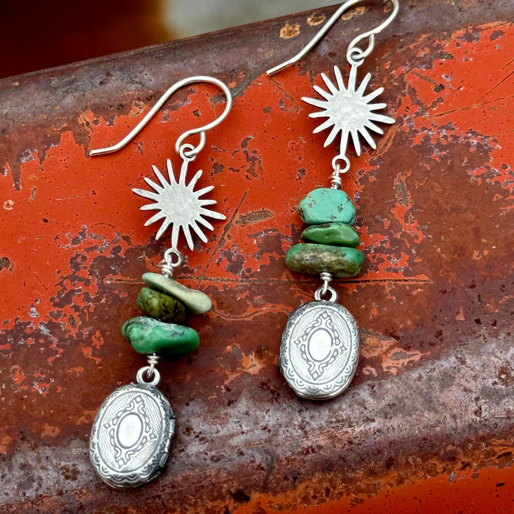Starburst pendant over three turquoise bead chips over a mini vintage inspired etched working locket on an ear wire