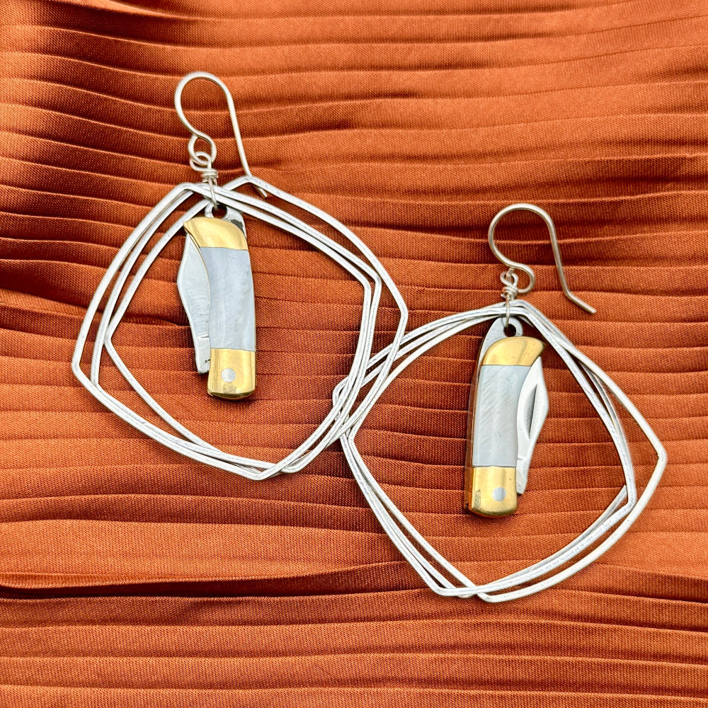 Earrings with 3 geometric frames and mother of pearl inlay miniature pocketknife  sterling silver ear wire