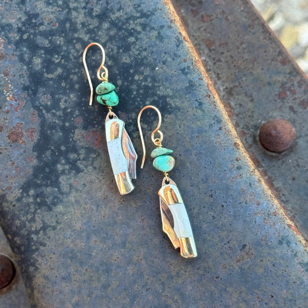 Two miniature bone inlay pocketknives with two turquoise chip beads hanging from gold or sterling silver ear wires