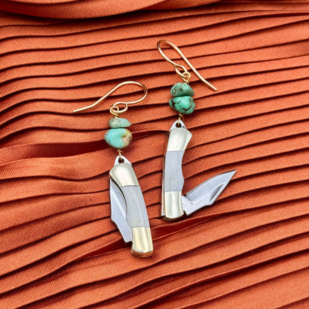 Two miniature bone inlay pocketknives with two turquoise chip beads hanging from gold or sterling silver ear wires