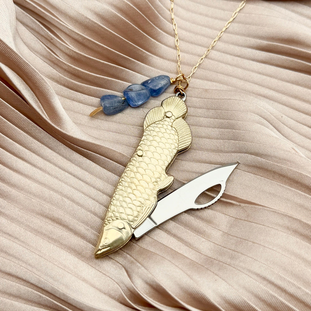 Gold Fish Beta Steelfin pocket knife pendant with kyanite beads on necklace chain