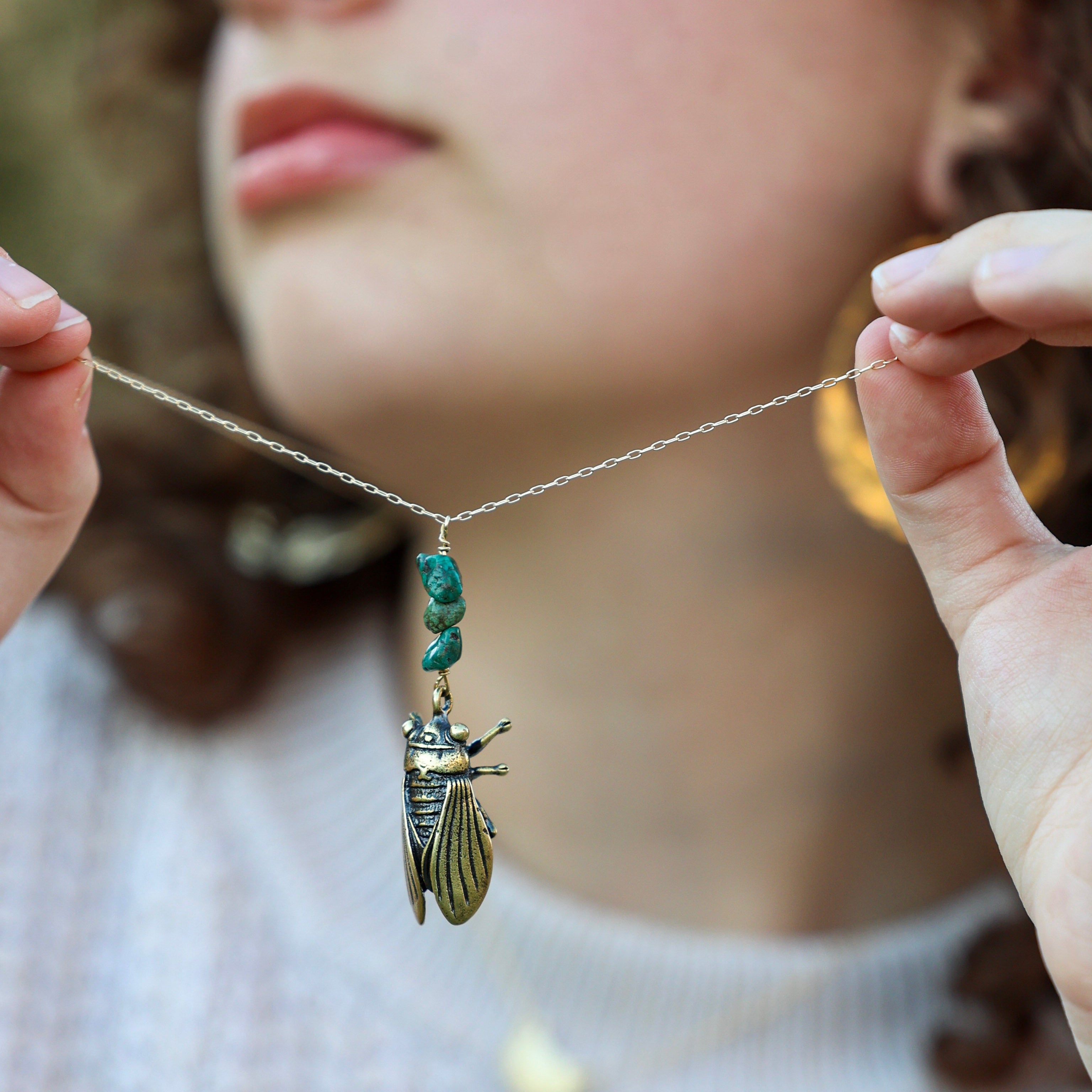 Cicada pendant necklace with turquoise bead stack