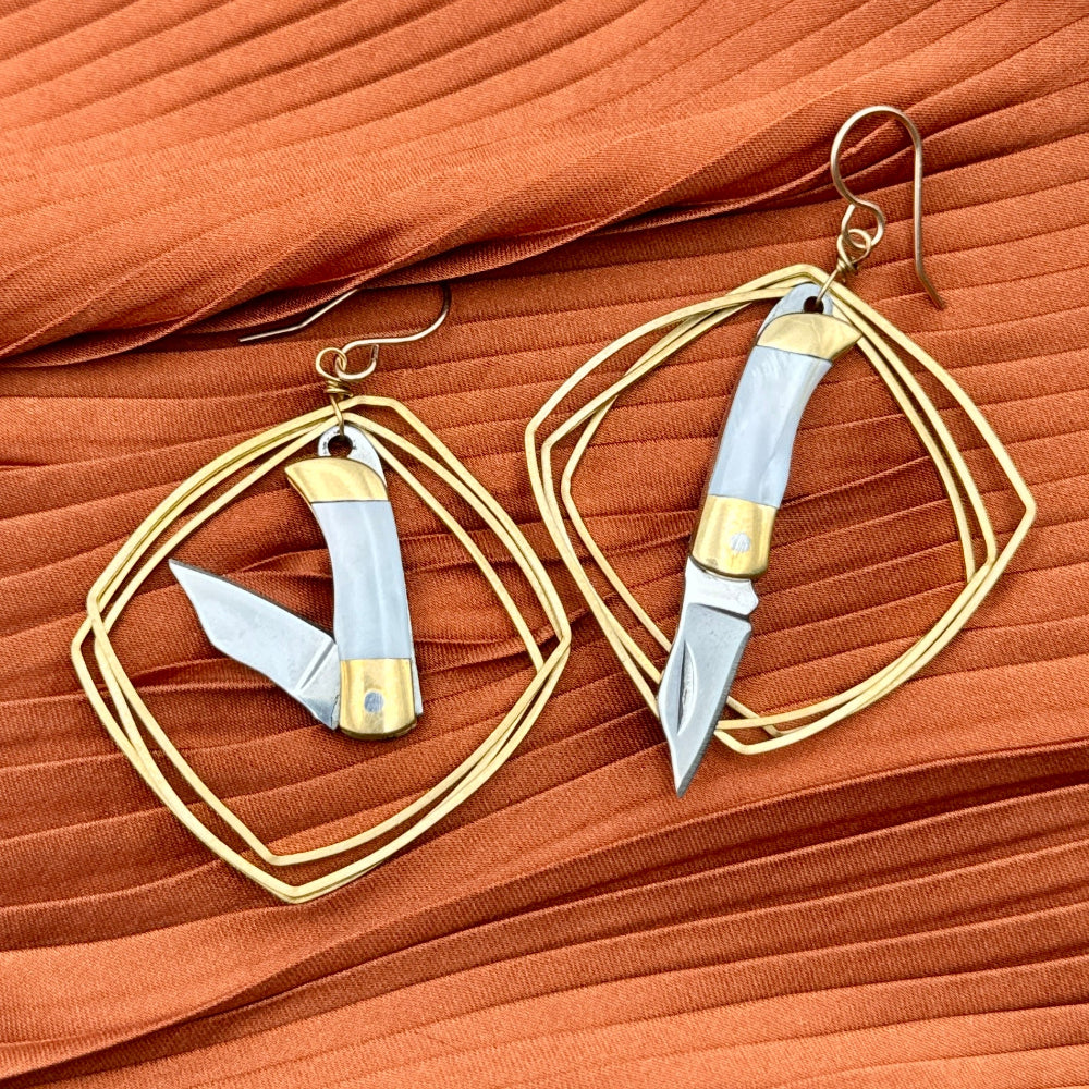 Earrings with 3 geometric frames and mother of pearl inlay miniature pocketknife  
