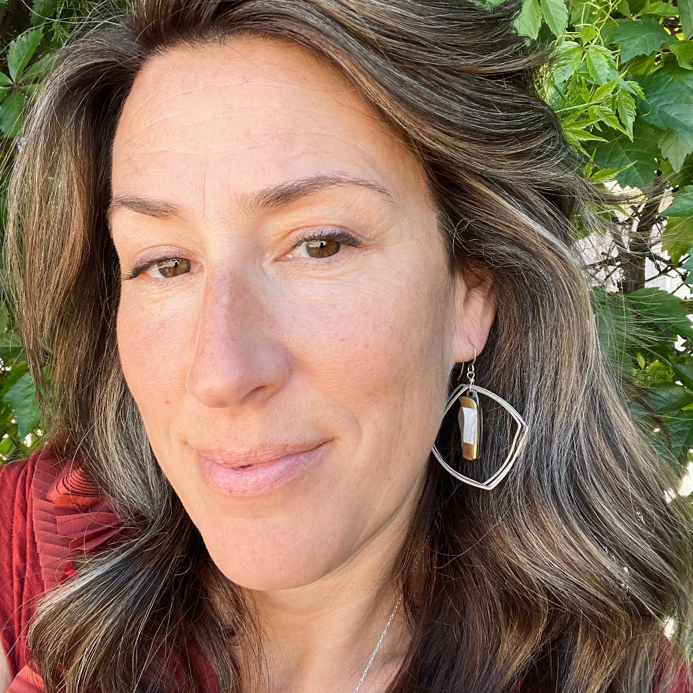 Earrings with 3 geometric frames and mother of pearl inlay miniature pocketknife  