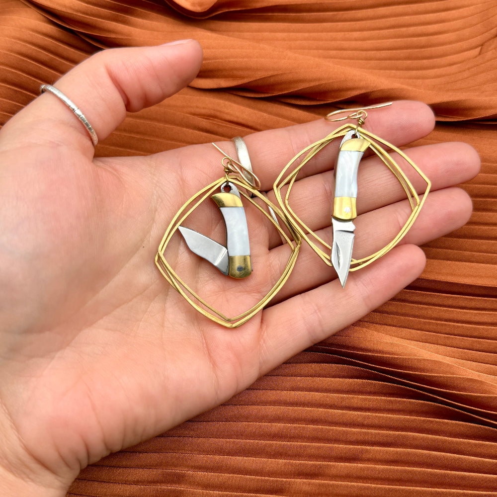 Earrings with 3 geometric frames and mother of pearl inlay miniature pocketknife  