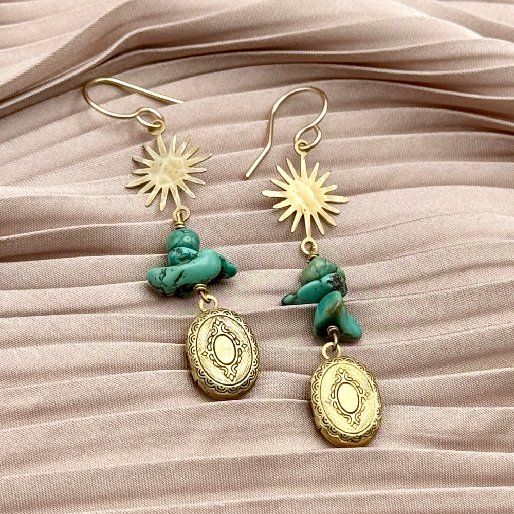 Starburst pendant over three turquoise bead chips over a mini vintage inspired etched working locket on an ear wire