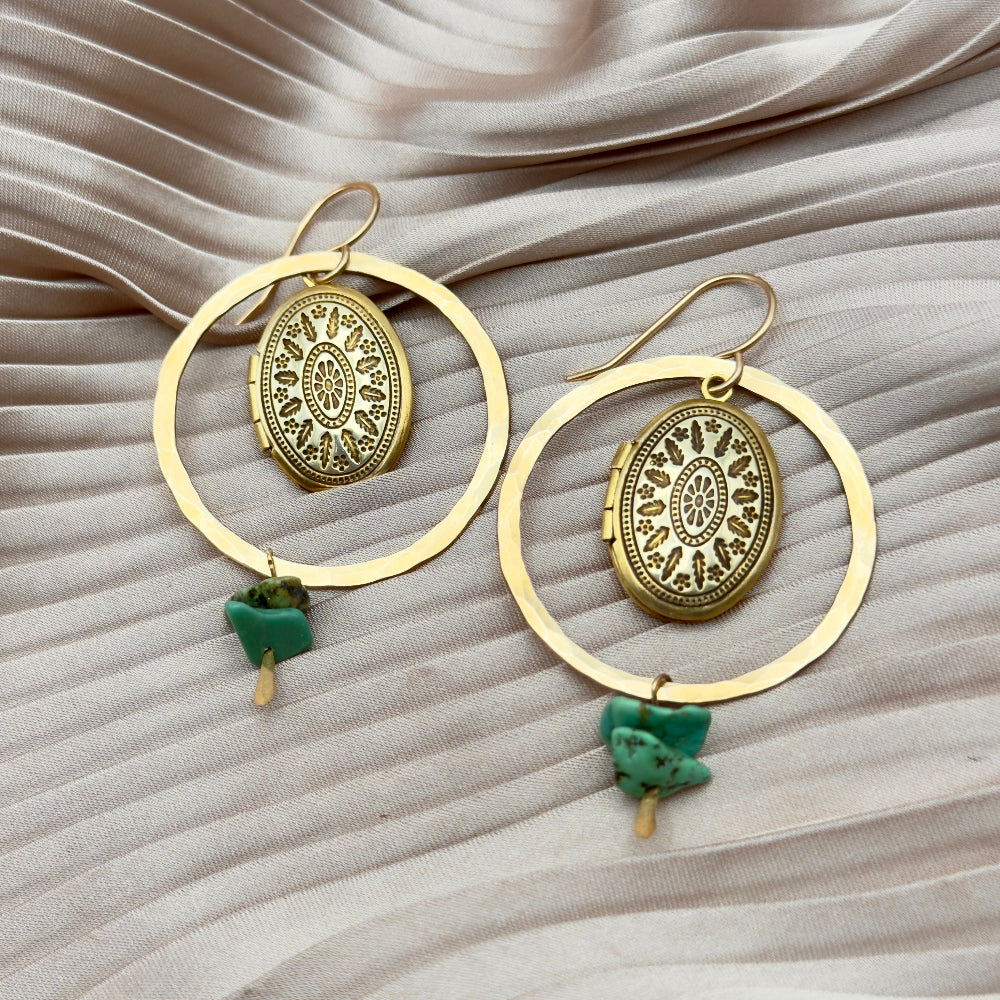Gold or Silver Hoop with turquoise beads and etched working locket photo holder memory keepsake hanging from ear wire