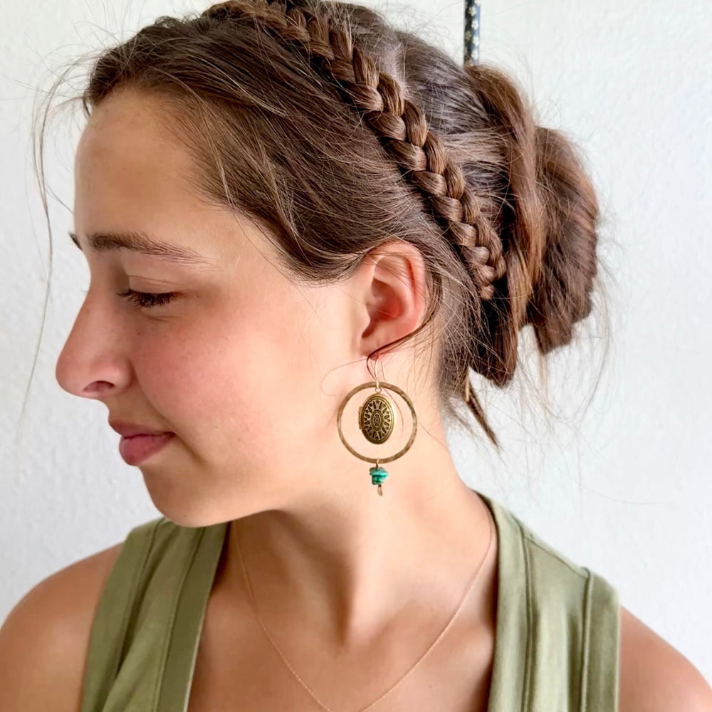 Gold or Silver Hoop with turquoise beads and etched working locket photo holder memory keepsake hanging from ear wire