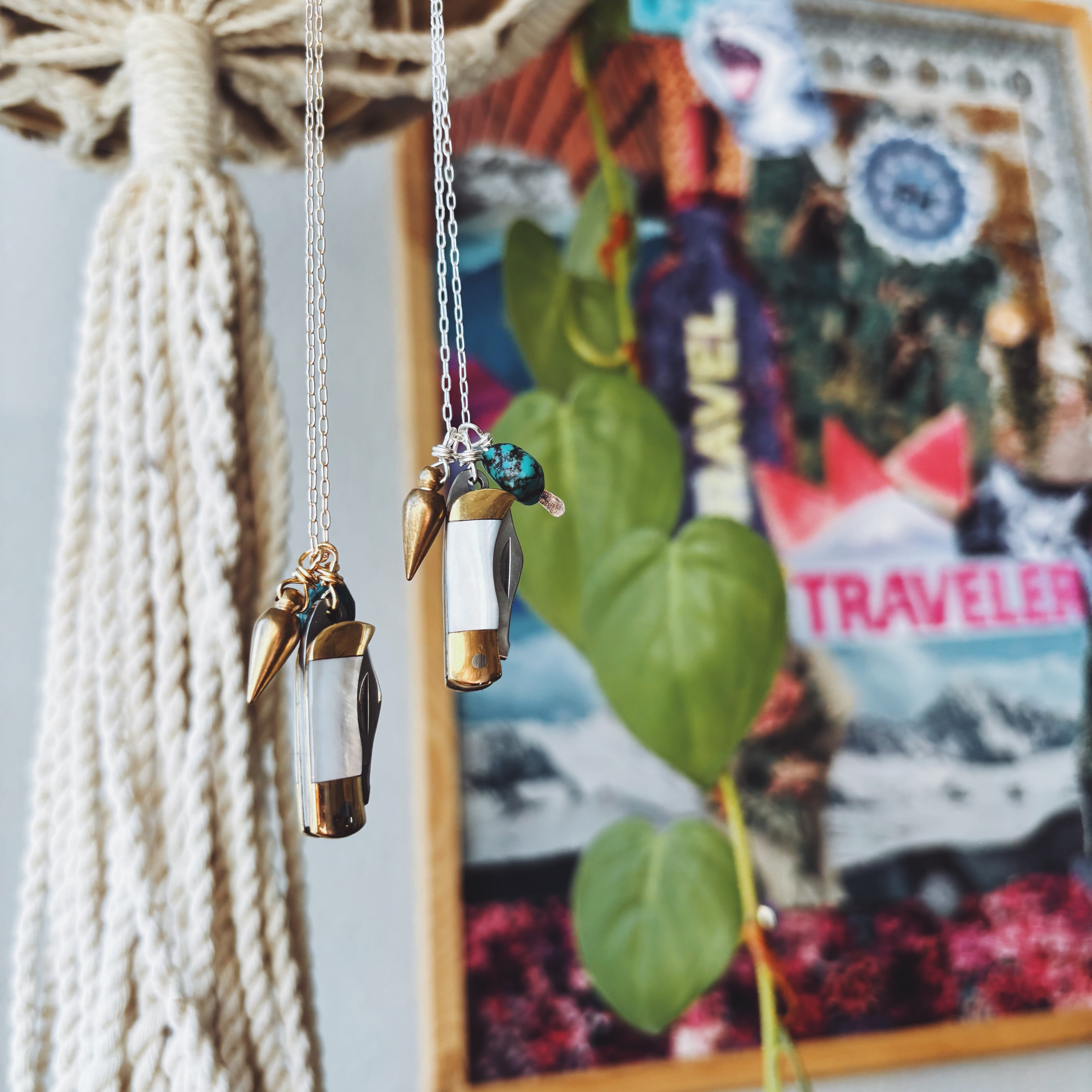 Miniature Pocketknife with mother of pearl inlay and a turquoise stone and mini bullet hanging from sterling silver or gold chain