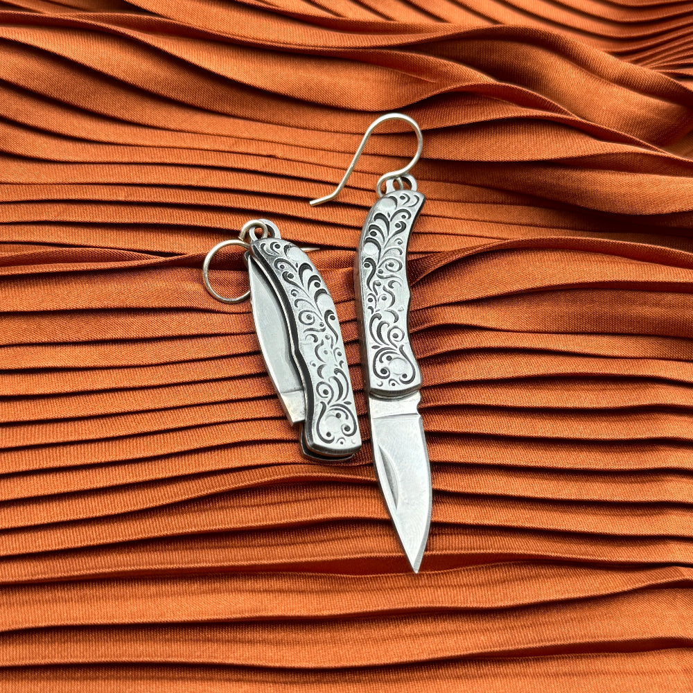 Silver or Gold Mini etched vintage inspired Pocketknife hanging from ear wire with turquoise bead