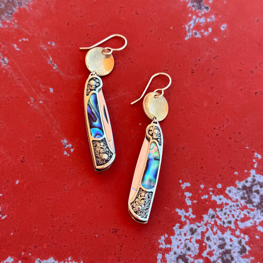Abalone inlay and vintage inspired etched gold handle on a working pocketknife hanging from an ear wire